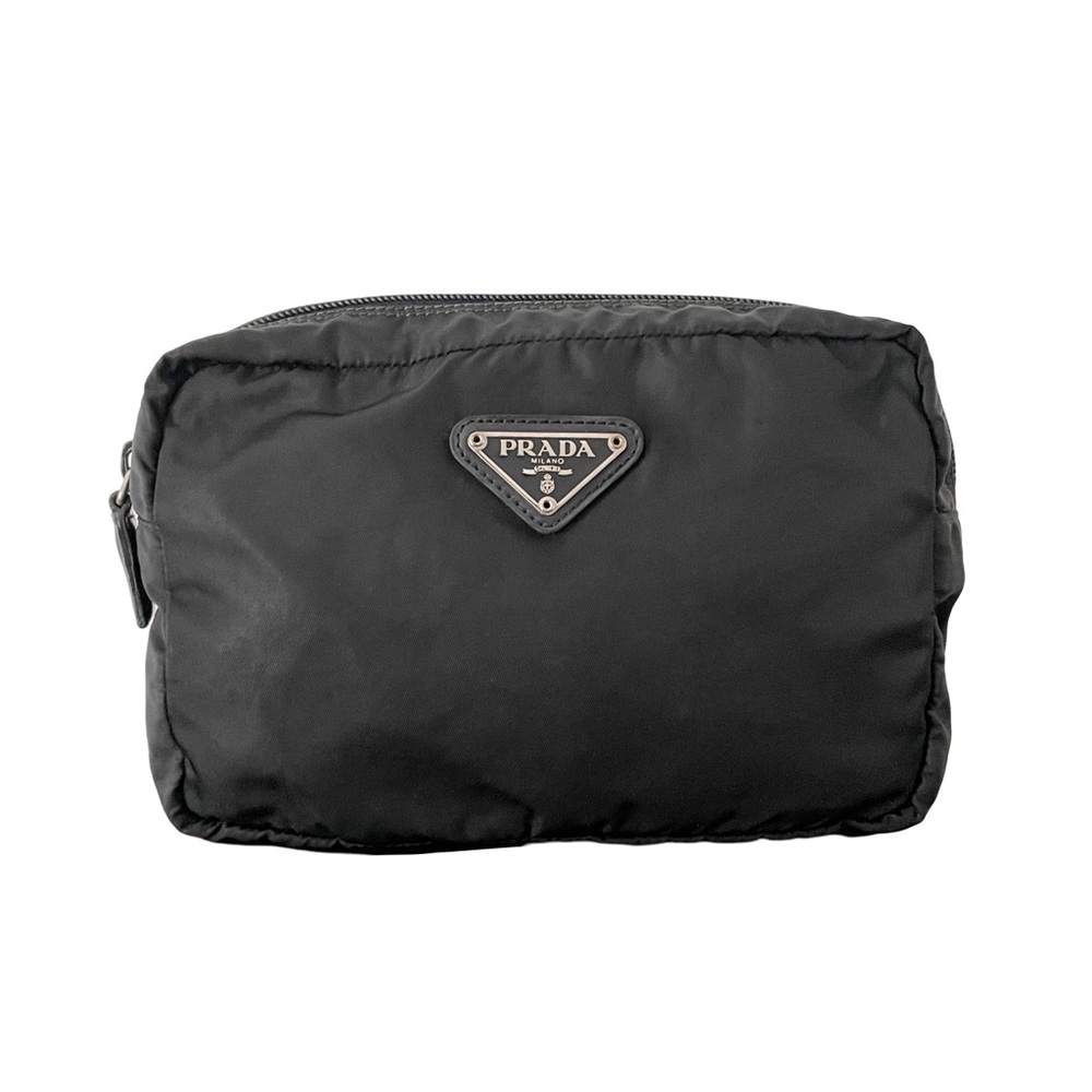 Prada black nylon and leather triangle logo vintage cosmetic zip pouch